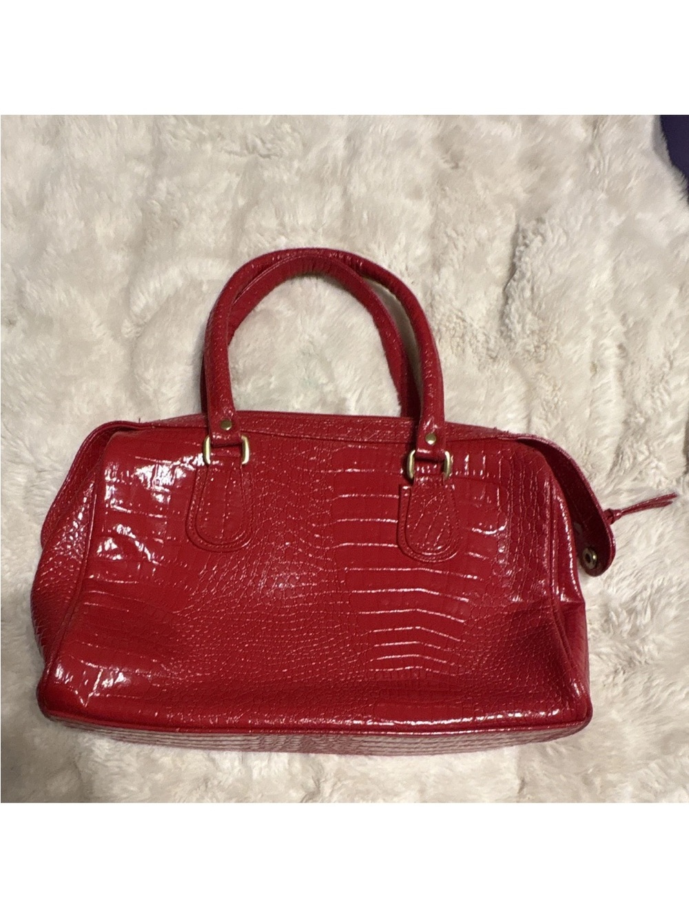 Red Patent Croc-Embossed Satchel Handbag
